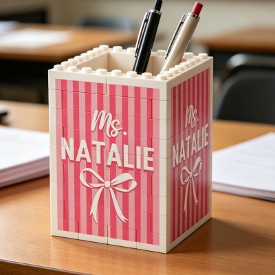 Personalized Name Bow Striped Building Blocks Pencil Holder, Office Pen Stand, Desk Organizer, Appreciation/Back to School Gift for Teachers/Educators