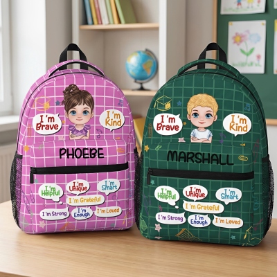 Personalized I'm Kind Brave Cartoon Kid Character Grid Backpack with Name, Large Capacity Schoolbag, Back to School Birthday Gift for Kids/Boys/Girls