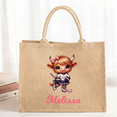Personalized Name Cartoon Sports Highland Cow Character Tote Bag, Large Capacity Jute Handbag, Birthday Gift for Highland Cow Lovers/Sports Lovers