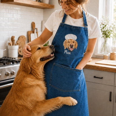 Custom Embroidered Pet Portrait Chef Hat Apron with Name, Unisex Stain-Resistant Cooking Kitchen Apron with Front Pocket, Gift for Pet Owners/Family