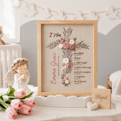Personalized Embroidered Floral Cross Baptism Frame with Name & Date, Wooden Linen Texture Wall Mount Decor, Baby Shower Gift for Newborn/Family/Kids
