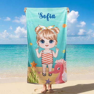 Personalized Cartoon Kid Character Marine Theme Oversized Quick Dry Beach Towel with Name, Birthday/Summer Vacation Accessories Gift for Boys/Girls