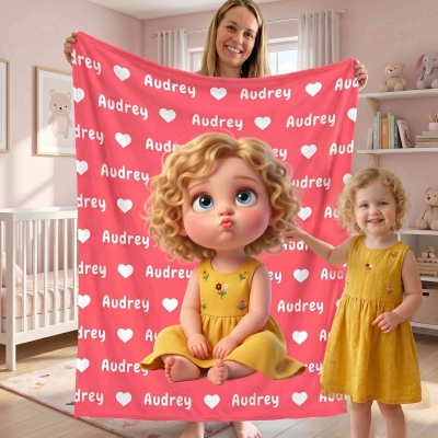 Personalized Picture 3D Cartoon Character Heart Blanket with Name, Cozy Flannel/Sherpa Bed Couch Throw, Home Decor, Birthday Gift for Kids/Family