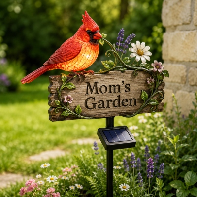 Personalized Solar Bird Garden Stake Light with Name, Wooden Yard Sign, Mother's Day/Birthday Gift for Garden Lover