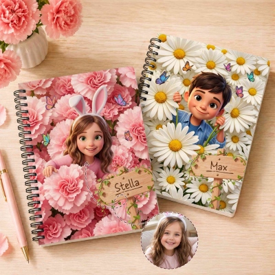 Personalized Name & Photo Birth Flower 3D Cartoon Character Notebook, Softcover A5 Spiral Journal, Back to School/Birthday Gift for Kids/Students