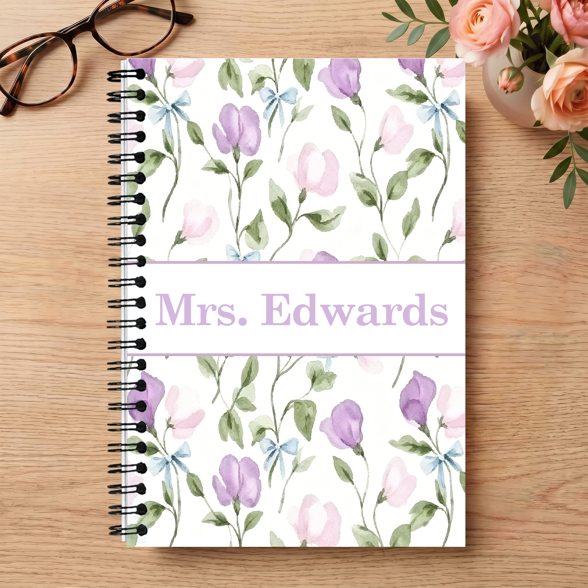 Personalized Retro Millennium Floral Teacher Name A5 Notebook, Watercolor Pastel Spiral Journal, Appreciation/Back to School Gift for Teachers/Women