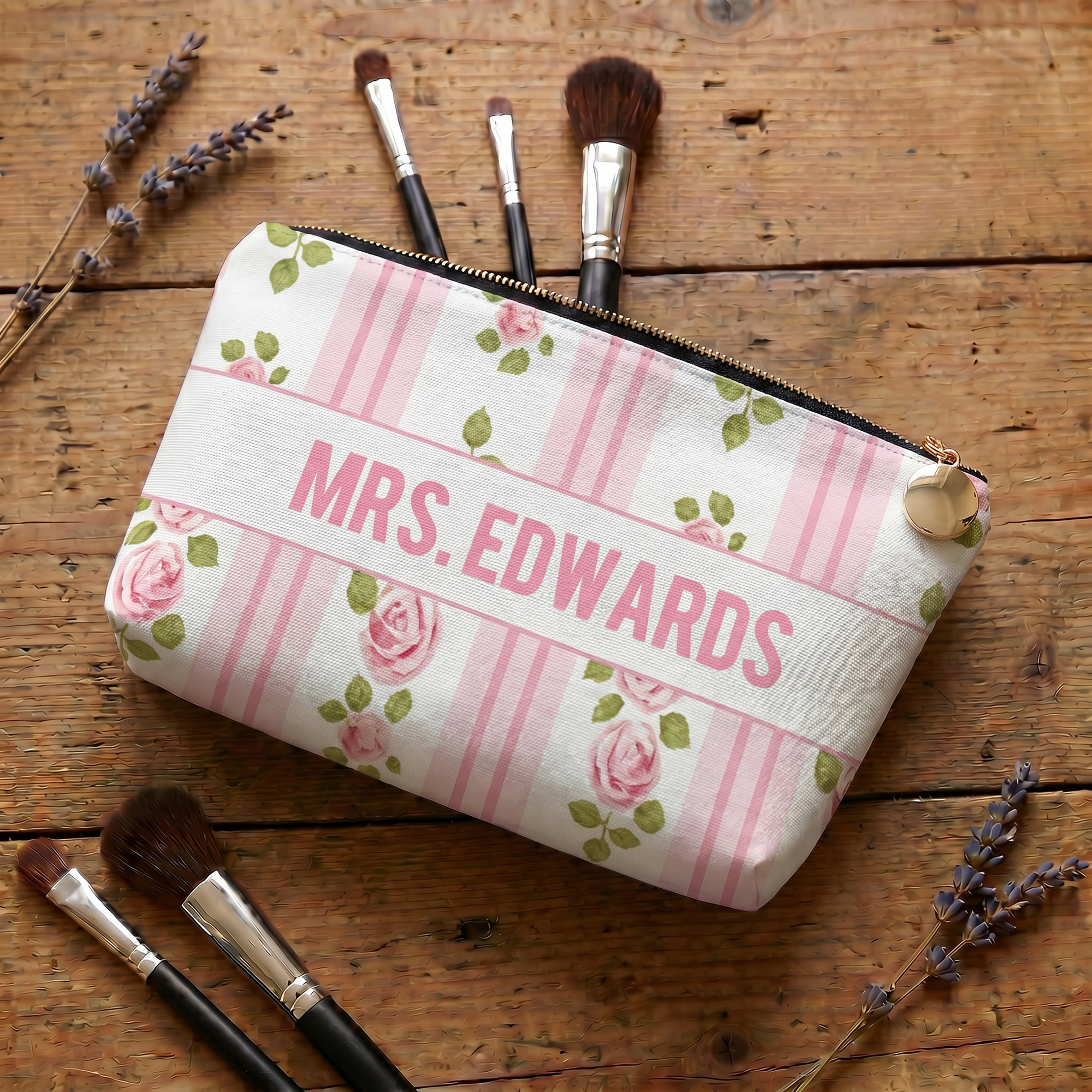 Personalized Teacher Name Retro Millennium Floral Makeup Bag, Watercolor Water Resistant Travel Toiletry Pouch, Appreciation Gift for Teachers/Women