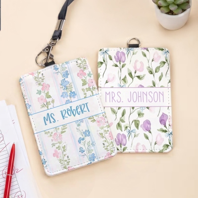 Custom Teacher Name Retro Millennium Floral ID Badge Holder with Lanyard, PU Leather Watercolor Card Holder, Appreciation Gift for Teachers/Women