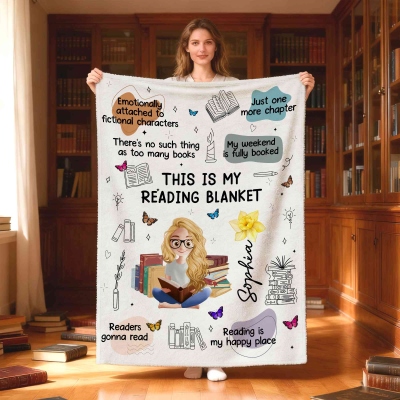 Custom Reading Cartoon Character Birth Flower Soft Throw Blanket with Name Daily Use Graduation Birthday Gift for Book Lover Bookworm Her