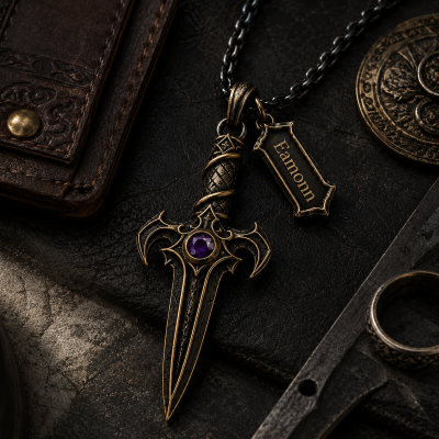 Personalized Dagger Necklace with Name & Birthstone, Gothic Sword Pendant Amulet, Father's Day/Birthday Gift for Husband/Boyfriend/Son