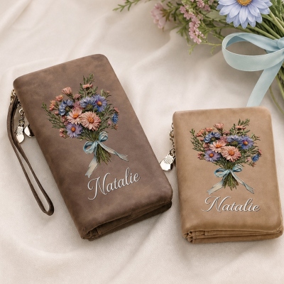 Custom Oil Painting Birth Flower Bouquet Wristlet Wallet with Name, Vintage Leather Multi Card Slot Pocket Clutch Purse, Birthday Gift for Mom/Women