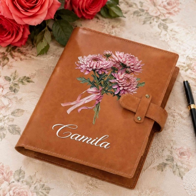 Custom Name Oil Painting Birth Flower Bouquet Leather Cover Notebook, Painting Sketch Journal with Built-in Pencil Holder, Gift for Painters/Women