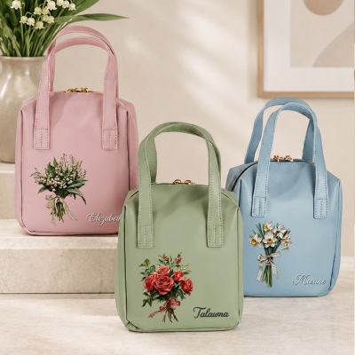 Custom Name Oil Painting Birth Flower Bouquet Portable PU Leather Makeup Bag with Handles, Travel Cosmetic Toiletry Tote, Birthday Gift for Mom/Women
