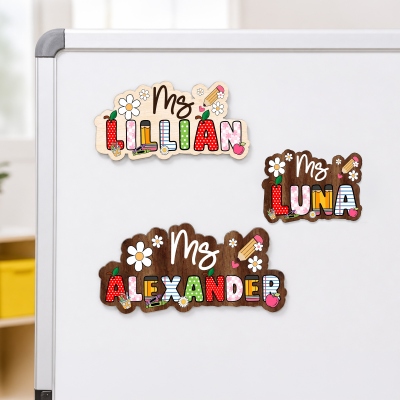 Custom Name Floral Pencil School-Themed Alphabet Wood Texture Teacher Whiteboard Magnet, Office Classroom Supplies, Back to School Gift for Teachers
