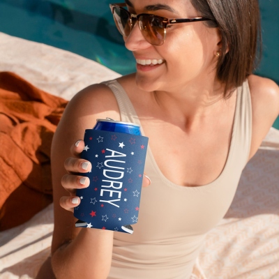 Custom Name Patriot Stars Can Cooler Sleeves (Set of 5), USA 250th Anniversary Party Drink Beverage Insulators, Independence Day Gifts for Americans
