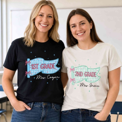 Personalized Grade Level Gingham Pennant Flag T-Shirt with Name, Multicolor 100% Cotton Crewneck Tee, Back to School Gift for Teachers/Educators