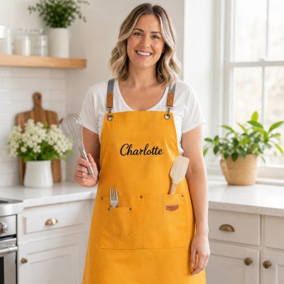 Personalized Embroidered Name Canvas Kitchen Apron, Adjustable Waterproof Multi-Pockets Heavy Duty Cooking Baking Apron, Gift for Bakers/Cooks/Chefs
