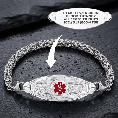 Personalized Engraved Angel Wing Medical Alert ID Bracelet, Handcrafted Byzantine Chain Jewelry, Thoughtful Safety Gift for Family/Friends