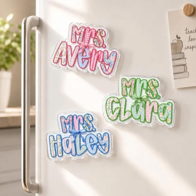 Personalized Patchwork Gingham Teacher Name Fridge Magnet, Fabric Print Mini Bow Refrigerator Magnet, Appreciation/Back to School for Educators/Her