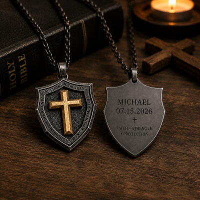 Personalized 2-in-1 Shield & Cross Necklace, Detachable Christian Religious Pendant, Inspiring Symbol of Faith, Birthday Gift for Husband/Believers