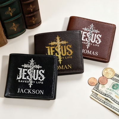 Custom Name Cross Jesus Saved My Life Bifold Wallet, PU Leather Men's Cash Card Holder, Christmas/Baptism/Birthday Gift for Him/Dad/Grandpa/Christians