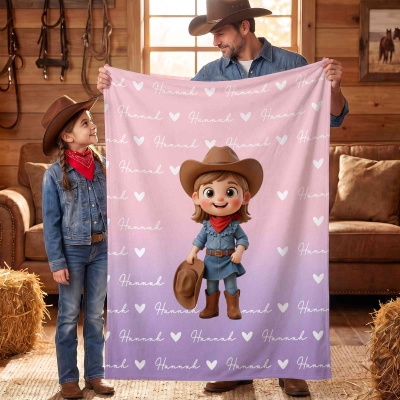 Personalized Photo & Name 3D Cartoon Cowboy/Cowgirl Character Hearts Blanket, Flannel/Sherpa Soft Bed Couch Throw, Home Decor, Birthday Gift for Kids