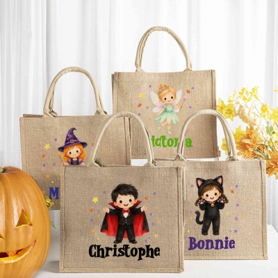 Personalized Cartoon Halloween Character Tote Bag with Name, Large Capacity Jute/Linen Trick or Treat Bag, Halloween Gift for Kids/Boys/Girls