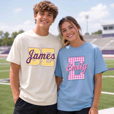 Personalized Gingham Alphabet T-Shirt with Name, Multicolor 100% Cotton Unisex Crewneck Tee, Back to School/Birthday Gift for Students/Sports Lovers