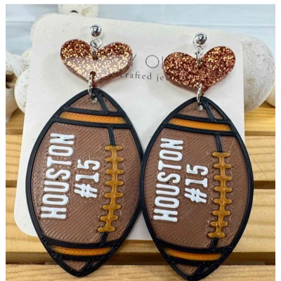 Personalized Cute Football Dangle Earrings with Name & Number, Lightweight Glitter Heart Sports Studs, Game Day Gift for Football Mom/Fans/Women