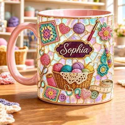 Personalized Crochet Lover Mug, Yarn Basket Coffee Mug, Custom Name Knitting Mug, Crafty Grandma Mug, Crochet Lover Gift