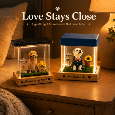 Personalized Holographic Pet Keepsake Box with LED Light, 3D Animal Memorial Display Ornament, Dog & Cat Memory Decor, Birthday Gift for Pet Lovers