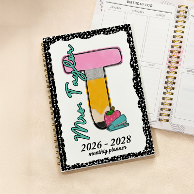 Personalized Pencil Initial Teacher Name 2026-2028 Monthly Planner, A5 Spiral Month Lesson Organizer, Appreciation/Back to School Gift for Teachers