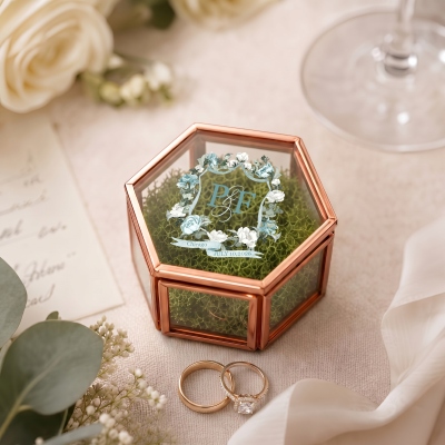 Custom Monogram Floral Crest Hexagon Ring Box with Dried Moss Inside, Glass Ring Holder for 2 Rings, Engagement/Wedding Gift for Couples/Newlyweds