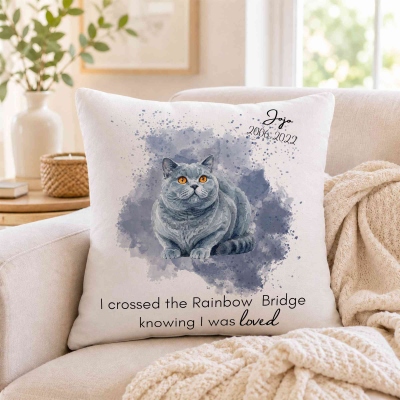 Personalized Photo Watercolor Pet Portrait Throw Pillow Cover with Name, Pillowcase with Optional Insert, Birthday/Memorial Gift for Pet Parents