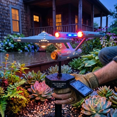 60th Anniversary Solar Garden Stake Light, Sci-Fi Spaceship Inspired Outdoor LED Yard Decor, Collectible Solar Pathway Lamp, Gift for Fans