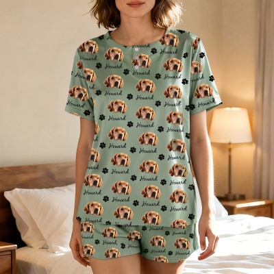 Personalized Pet Portrait Pajamas Set with Name, Dog/Cat Face Photo Unisex Lounge Short PJ Set, Birthday/Memorial/Christmas Gift for Pet Lovers