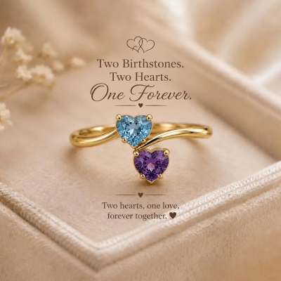 Anillo personalizado de dos corazones con piedra natal, anillo de promesa delicado de plata de ley 925, joyería sentimental, regalo de aniversario/cumpleaños para mamá/esposa/mujer.