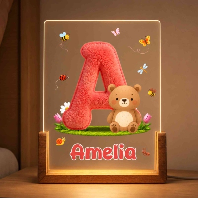 Personalized Name Plush Alphabet Cartoon Animal LED Night Light, Acrylic Night Lamp with Wooden Base, Children’s Day/Birthday Gift for Kids/Boys/Girls