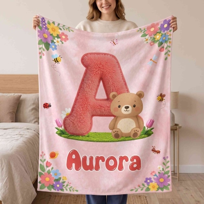 Personalized Name Plush Alphabet Cartoon Animal Blanket, Flannel/Sherpa Bed Couch Throw, Home Decor, Birthday/Children’s Day Gift for Kids/Boys/Girls