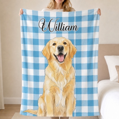 Personalized Pet Photo Painting Grid/Stripe/Polka Dot Blanket with Name, Flannel/Sherpa Throw for Bed Couch, Home Decor, Gift for Pet Parents