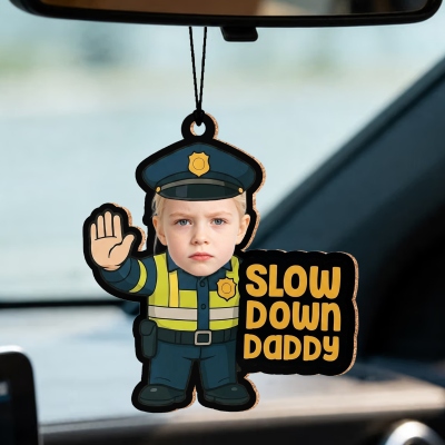 Custom Kid Photo Slow Down Daddy Vehicle Rearview Mirror Ornament, Little Police Officer Car Hanging Decor, Birthday/Father’s Day Gift for Husband/Dad