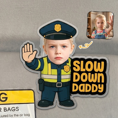Custom Kid Photo Slow Down Daddy Acrylic Vehicle Visor Clip, Little Police Officer Decor, Car Accessories, Birthday/Father’s Day Gift for Husband/Dad