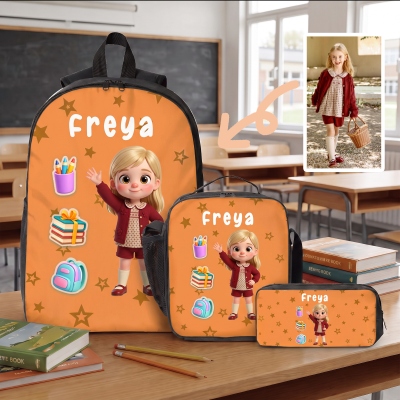 Personalized Cartoon Kid Photo Backpack with Lunch Bag & Pencil Case with Name, Children's School Bag Set, Back to School/Birthday Gift for Kids
