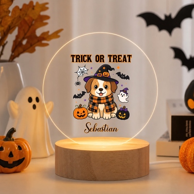 Personalized Name Halloween Dog LED Night Light, Cute Puppy Witch Acrylic Night Lamp with Wooden Base, Halloween Gift for Kids/Dog Lovers