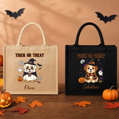 Personalized Name Cute Puppy Witch Tote Bag, Large Capacity Halloween Jute/Linen Handbag, Trick or Treat Bag, Halloween Gift for Kids/Boys/Girls