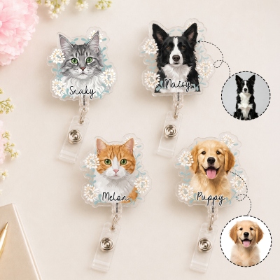 Personalized Floral Watercolor Pet Portrait Badge Reel with Name, Pet Photo ID Badge Clip, Appreciation/Birthday Gift for Veterinarians/Nurses/Doctors