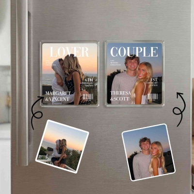 Custom Names & Date Couple Photo Keychain Ornament/Fridge Magnet, Acrylic Romantic Decor, Anniversary/Valentine's Day Gift for Her/Him/Couples
