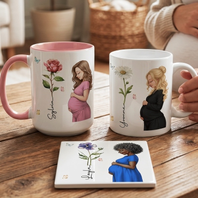 Personalized Pregnant Mom Character Birth Flower 11 oz/15 oz Ceramic Coffee Mug with Name and Coaster, Baby Shower Gift for Expecting Mothers