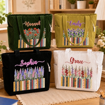 Custom Name Birth Flower & Books Corduroy Tote Bag, Large Capacity Zippered Handbag with Side Pockets, Birthday Gift for Book Lovers/Teachers/Women