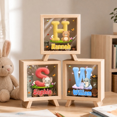 Custom Name Plush Alphabet Cartoon Animal Piggy Bank, Clear Window Wooden Money Box Saving Bank, Children's Day/Birthday Gift for Kids/Boys/Girls